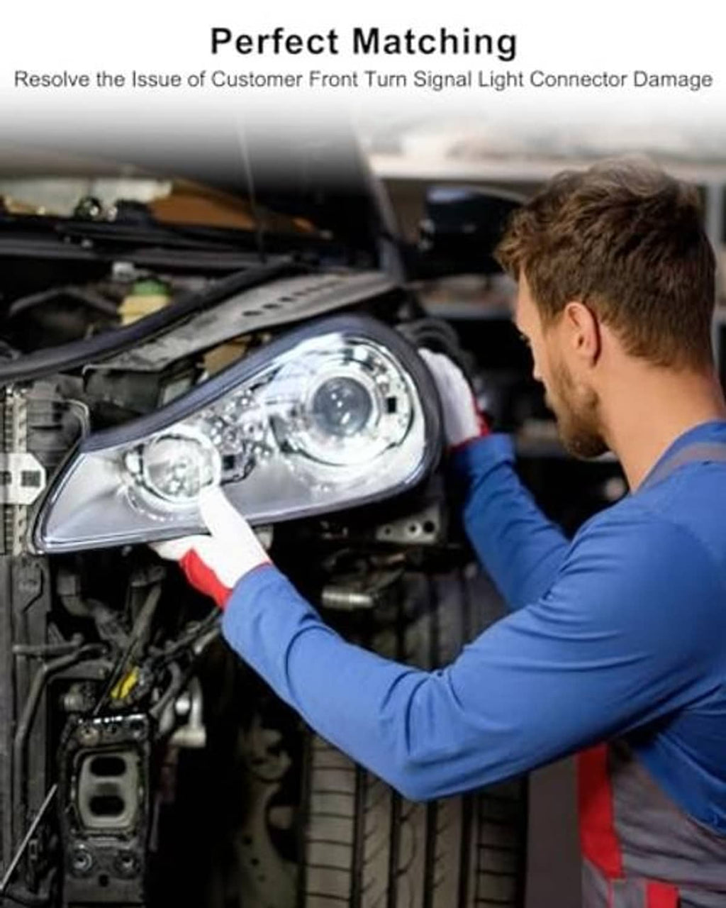 Gray turn signal connector being installed in the engine bay wiring area