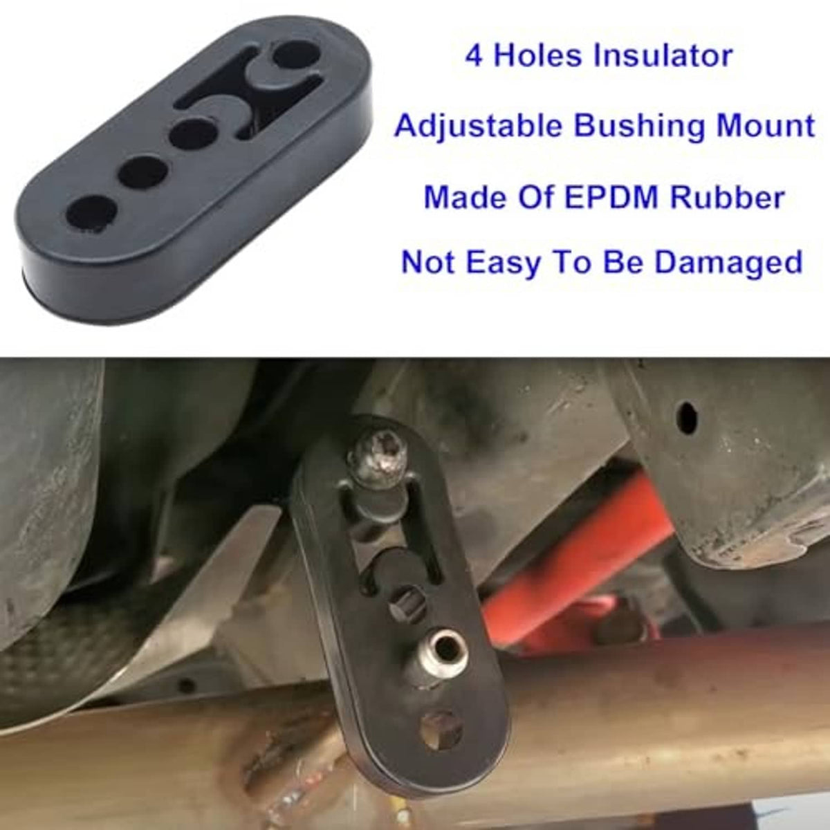 Black EPDM rubber exhaust insulator bushing with four mounting holes