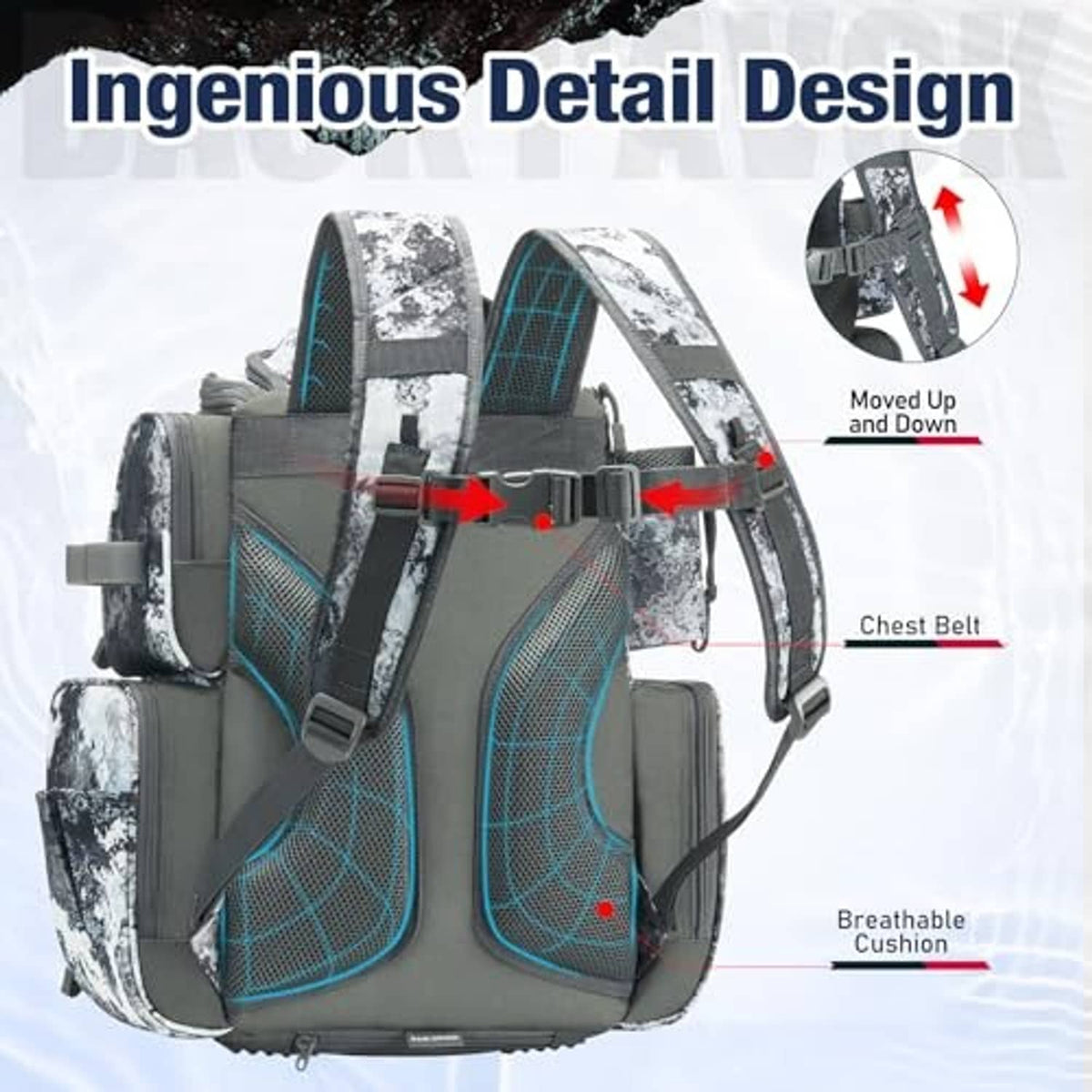 Gray camouflage fishing backpack with breathable padded back, chest belt, and adjustable straps