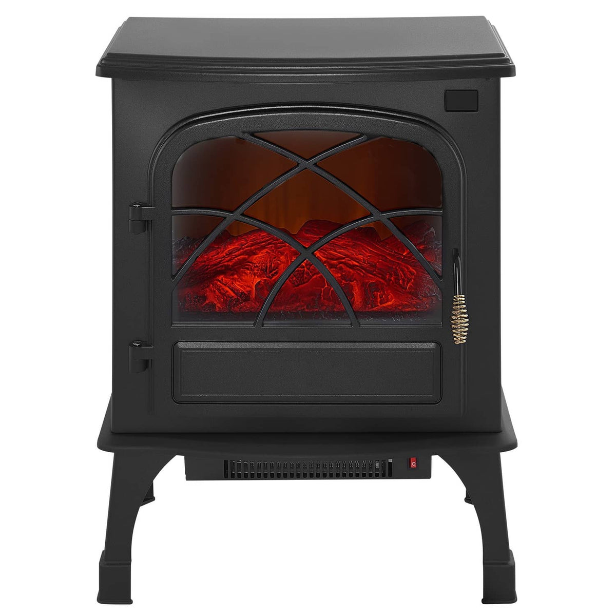 Freestanding electric fireplace heater, dark gray body, arched glass window with red flames