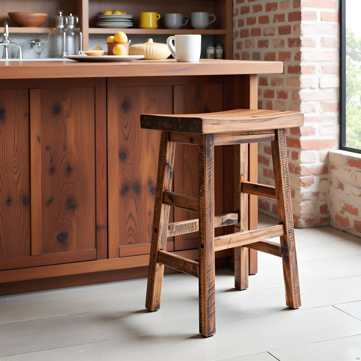 Natural wood counter-height bar stool with saddle seat next to kitchen counter