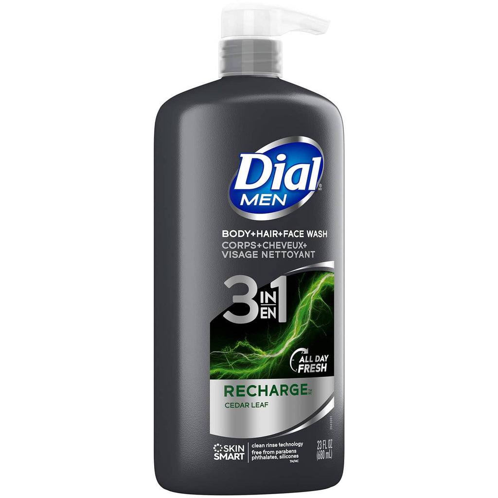 Dial Men dark pump bottle labeled body, hair & face wash, 3-in-1 Recharge