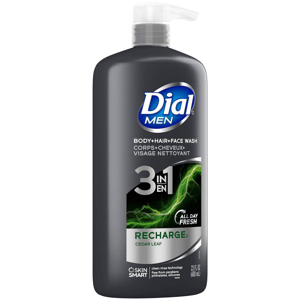 Dial Men dark pump bottle labeled body, hair & face wash, 3-in-1 Recharge