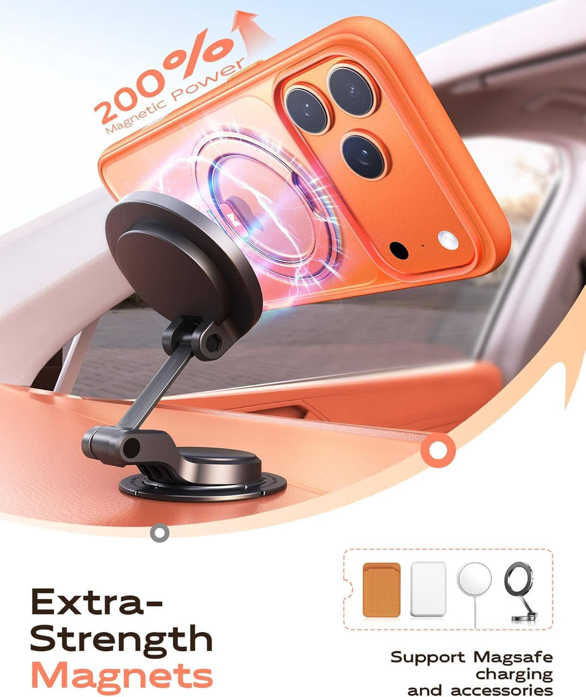 Orange iPhone 17 Pro Max case with MagSafe magnets and 360 rotating kickstand