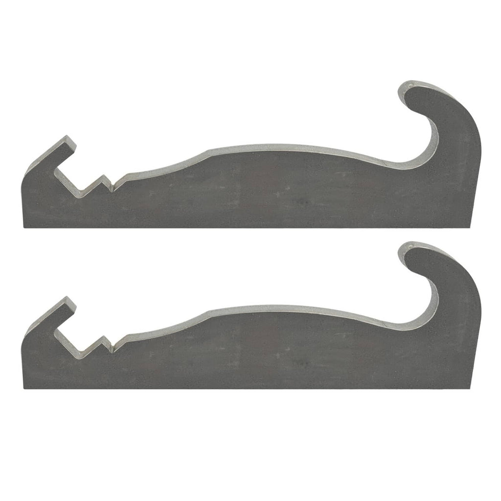 Two dark gray steel quick attach brackets with curved hook tops and side notches