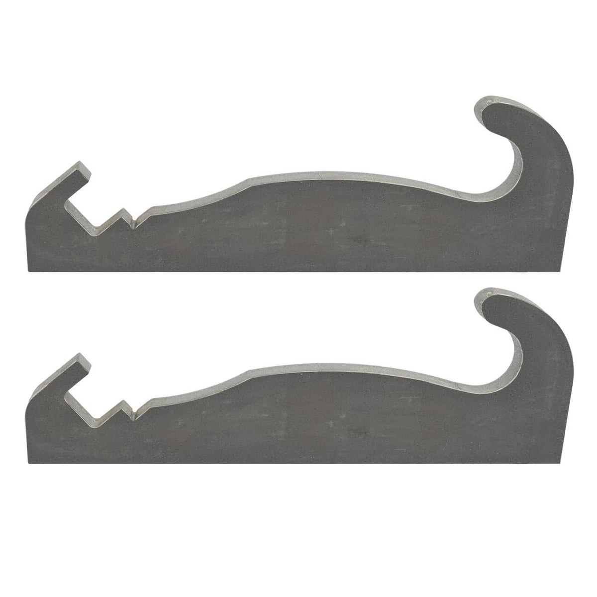 Two dark gray steel quick attach brackets with curved hook tops and side notches