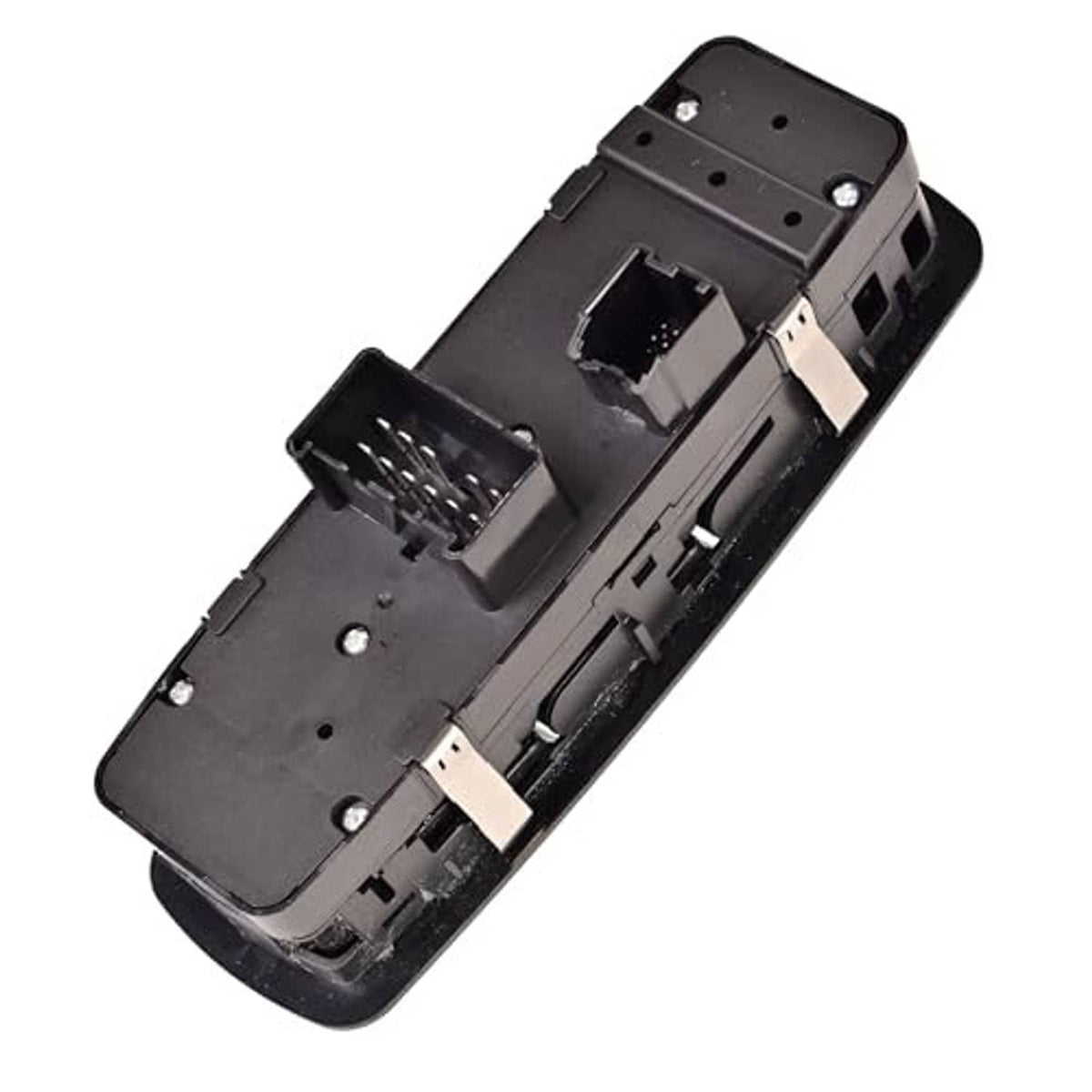 Black power window switch with exposed connector pins and mounting housing