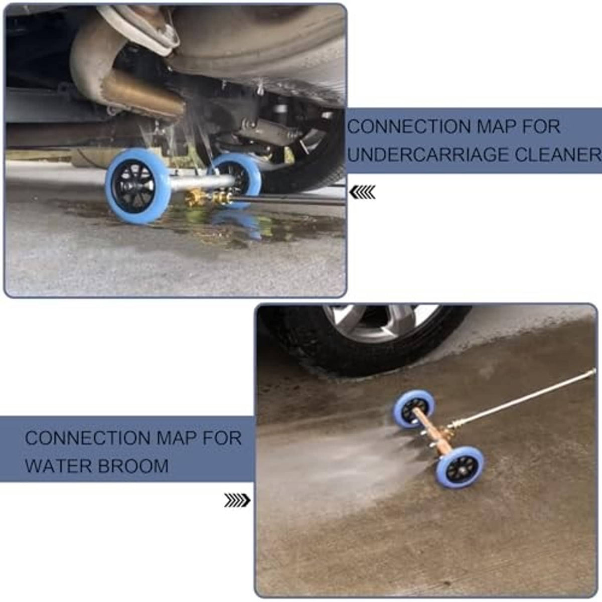 Undercarriage cleaner attachment with blue wheels and brass connector rinsing undercarriage
