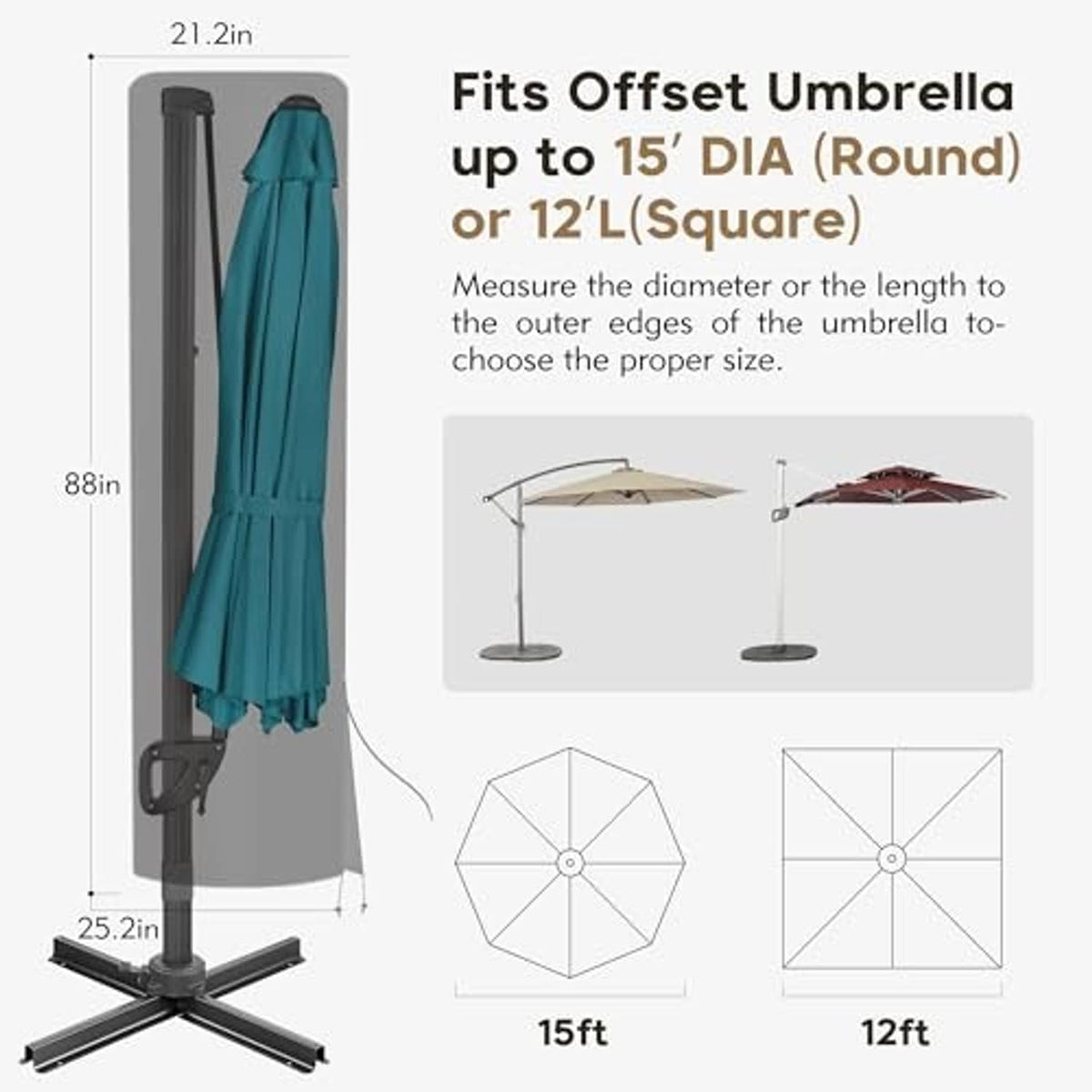 Black umbrella cover for offset umbrellas, 88 in tall with drawstring closure
