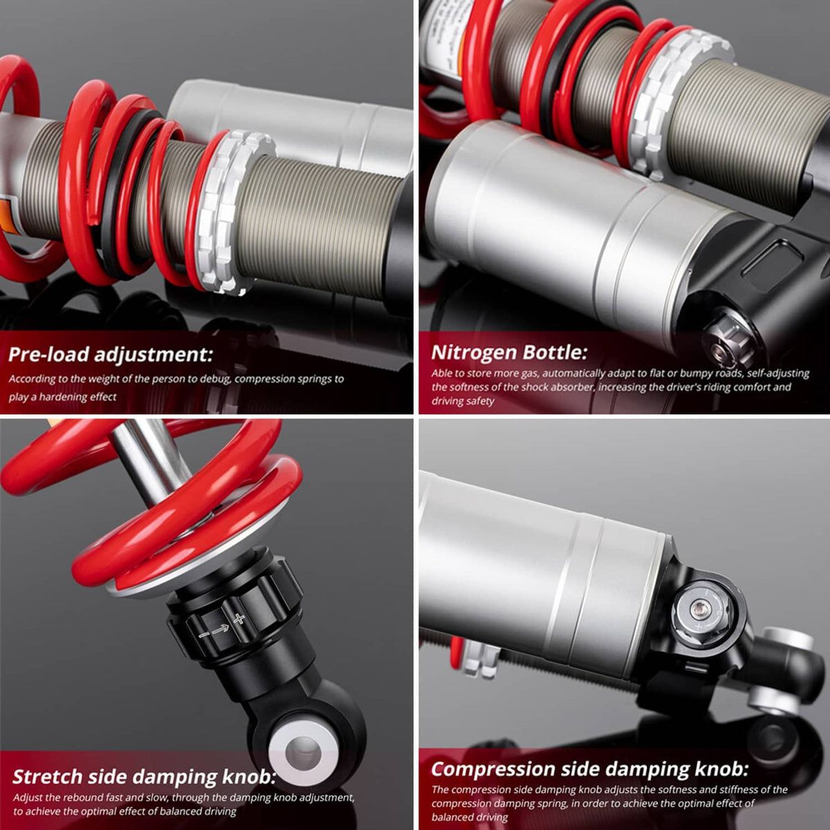 Close-up of adjustable UTV shocks: red coil springs and gray nitrogen-style damper body