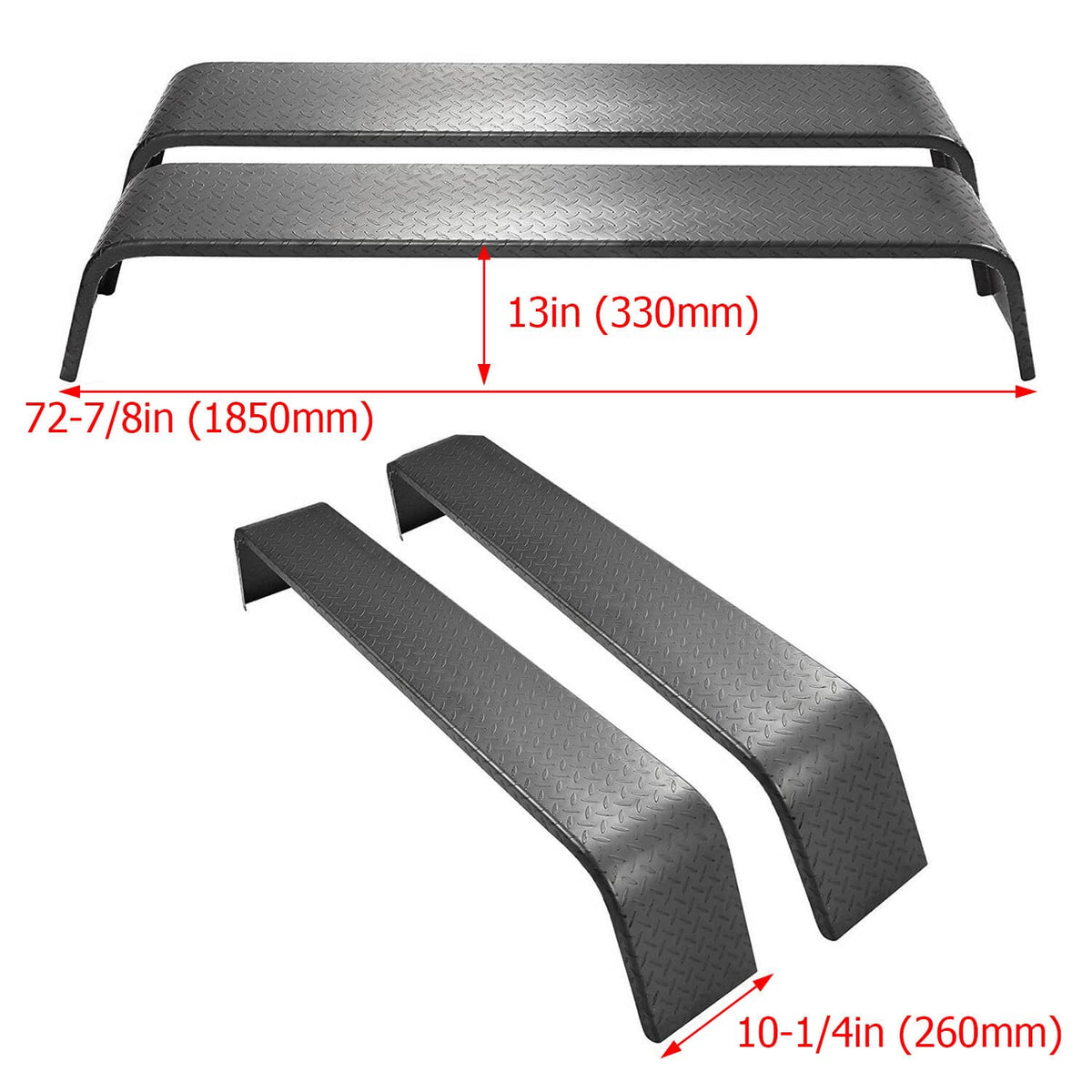 Steel diamond tread trailer fender pair with length and height measurement overlay