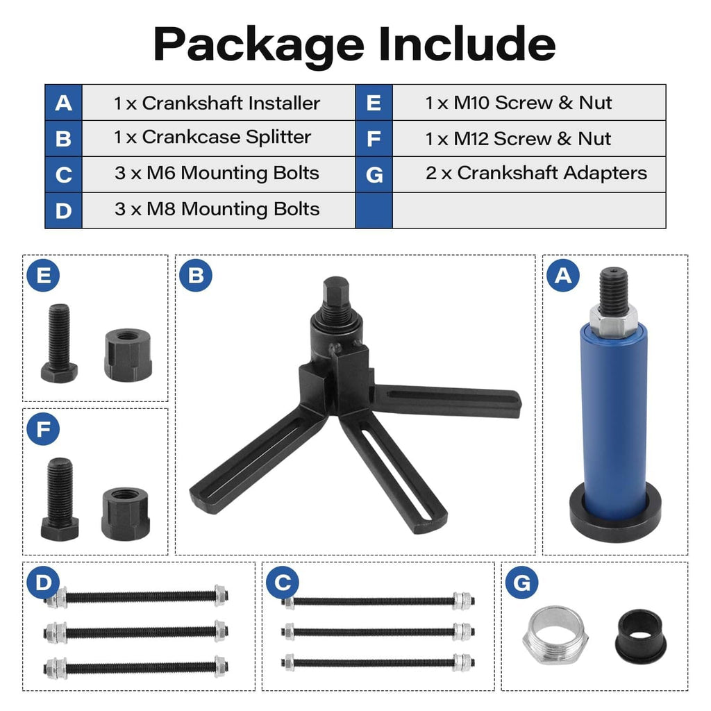 Crankshaft installer kit contents: blue sleeve, stand, screws, bolts, adapters