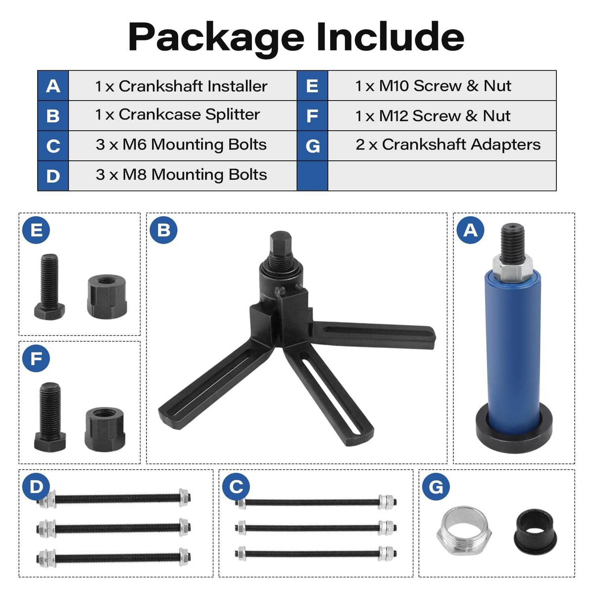 Crankshaft installer kit contents: blue sleeve, stand, screws, bolts, adapters