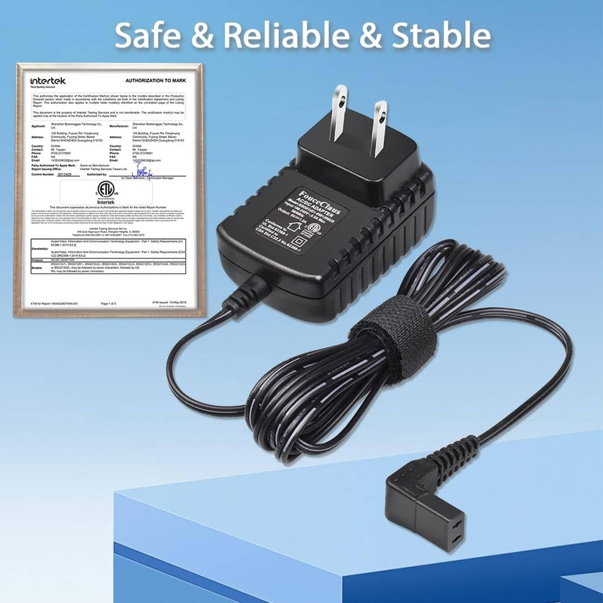Black power adapter charger with two-prong plug and coiled charging cable