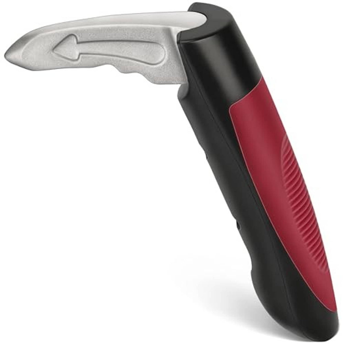 Red and black car door assist handle with non-slip grip and silver latch-style head