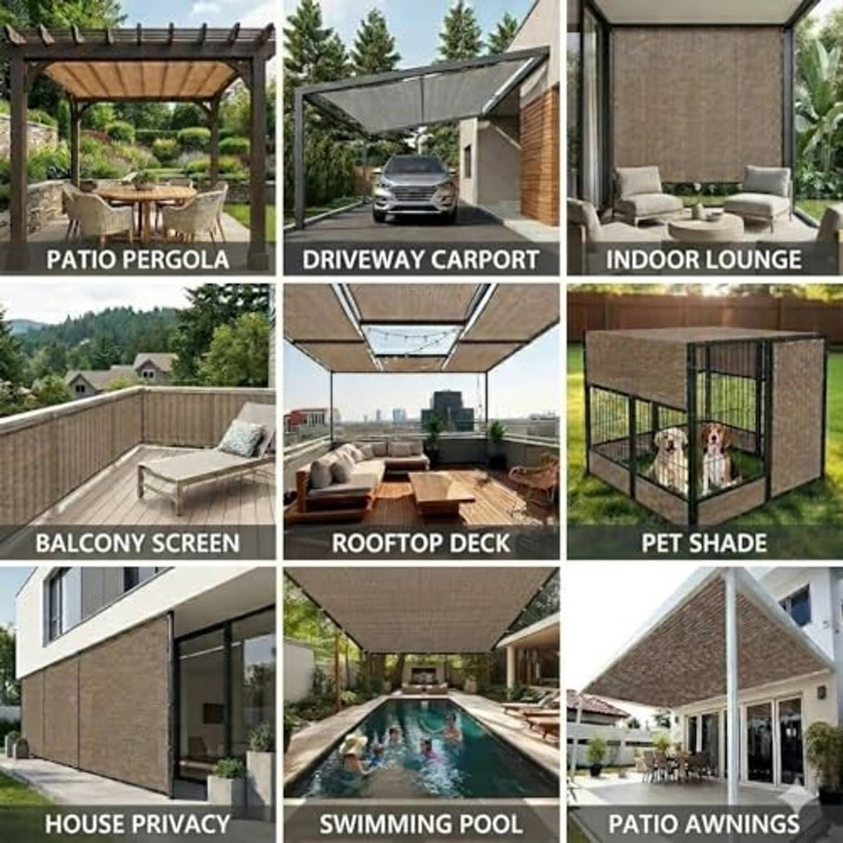 Mocha-brown sun shade cloth screen shown across outdoor pergola, balcony, and patio uses