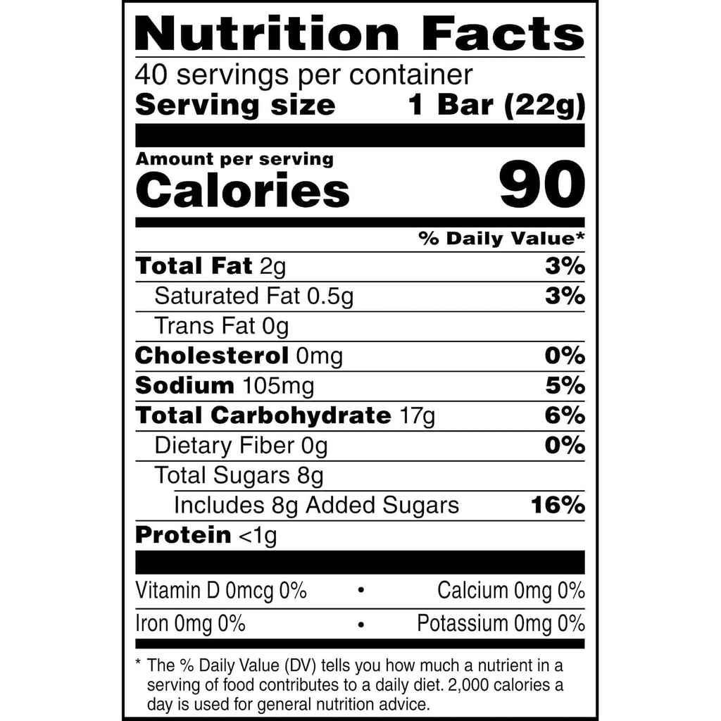 Nutrition Facts panel for one cereal bar serving size 1 bar (22g)