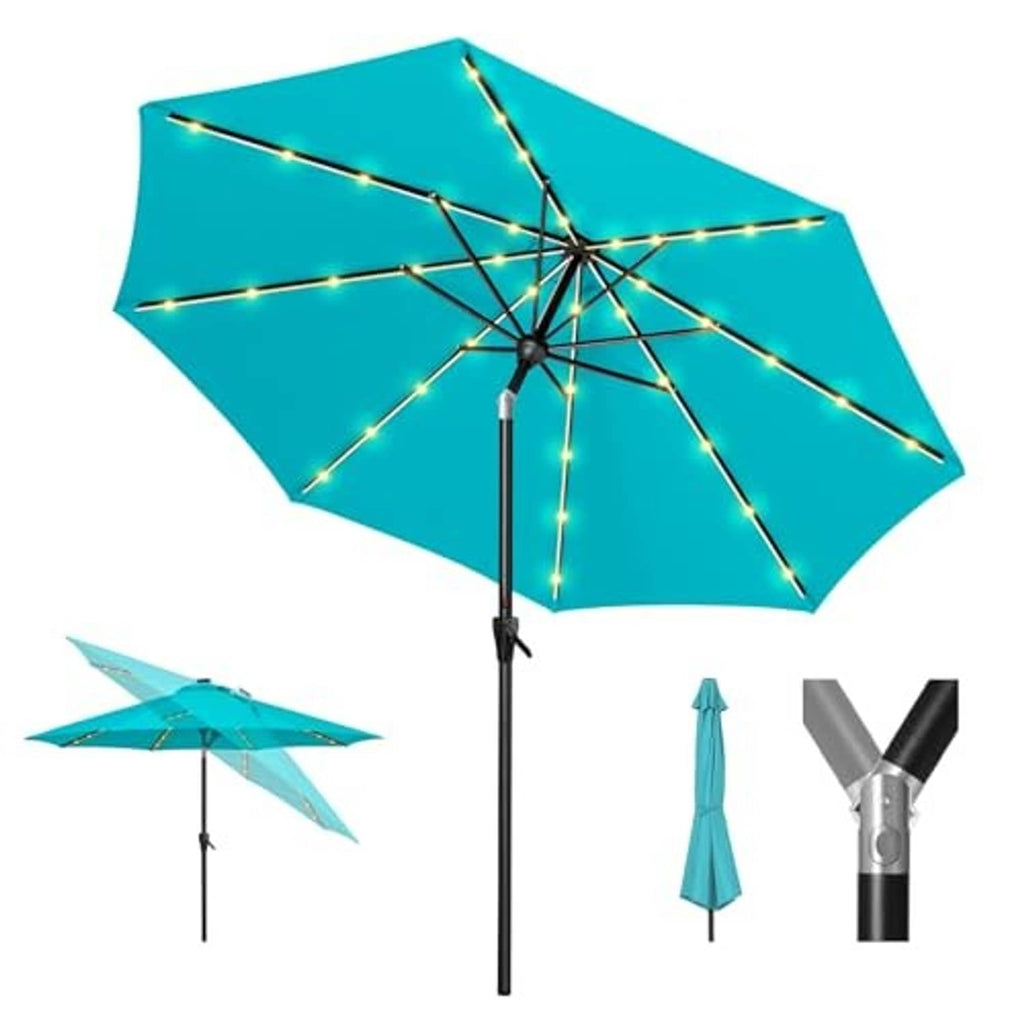 Turquoise patio umbrella with warm LED lights, open canopy and central support pole