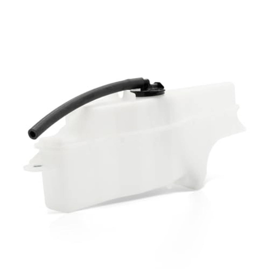 White coolant recovery tank with attached black hose and small mounting cap.