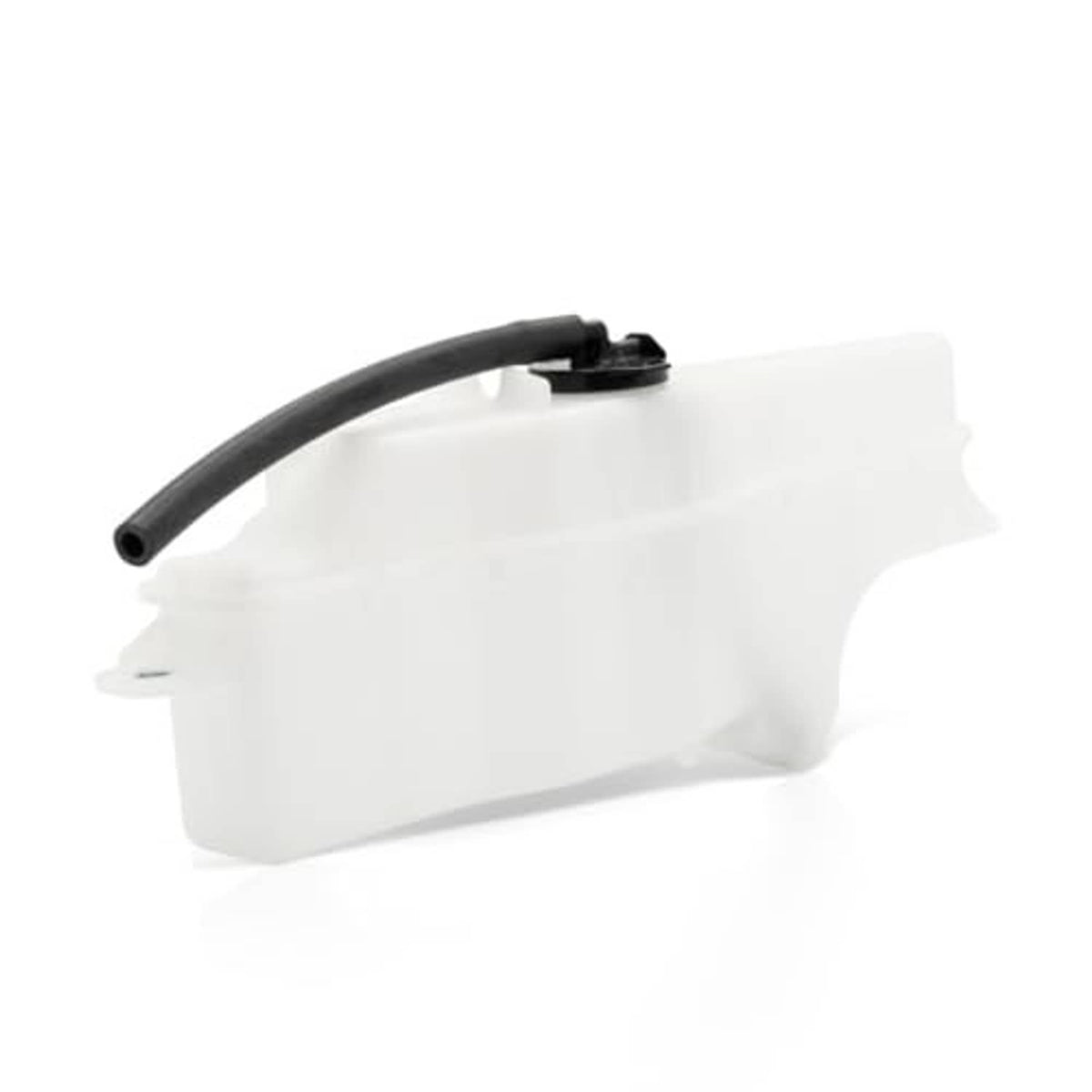 White coolant recovery tank with attached black hose and small mounting cap.