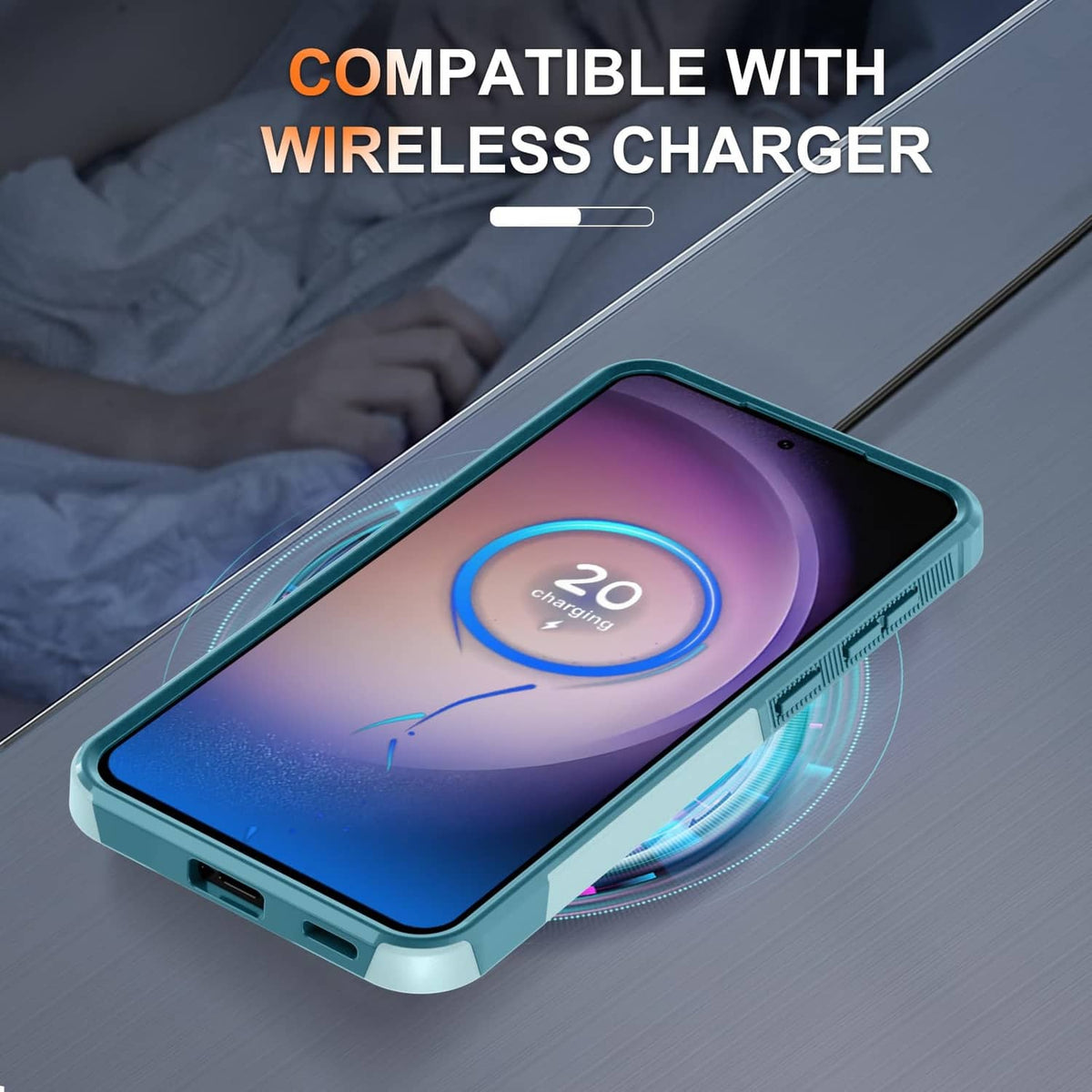 Mint green Galaxy S25 FE case with screen protector, compatible with wireless charging