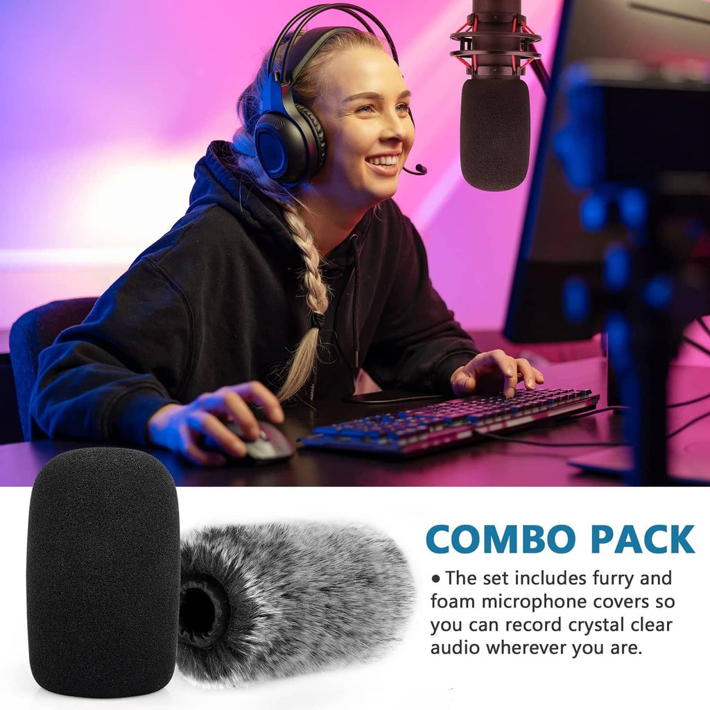 Combo pack: black foam pop filter and gray furry windscreen cover for microphone