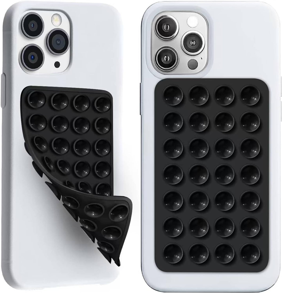 Two phone cases: white with black silicone octo suction-cup grip pads