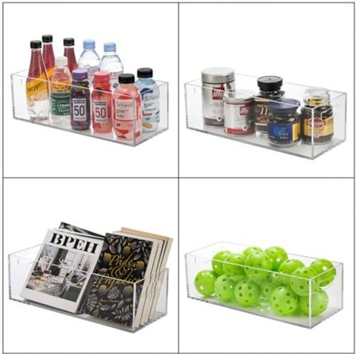 Clear acrylic storage boxes with handles, organizing small bottles and items