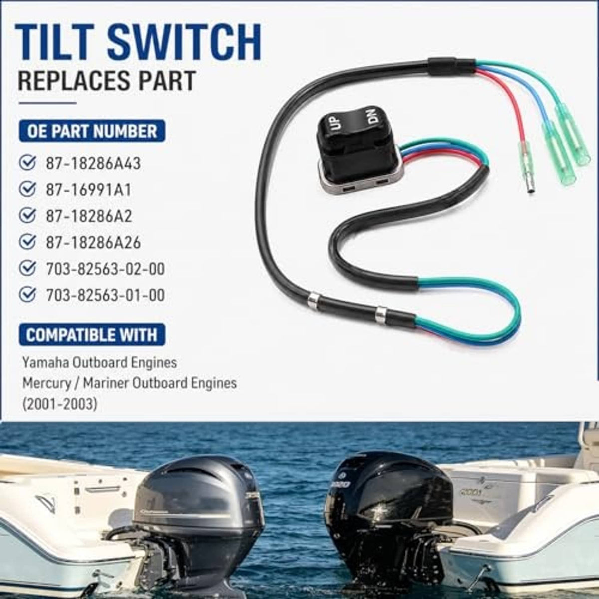Outboard tilt switch with black UP/DN control and attached cable with green terminals