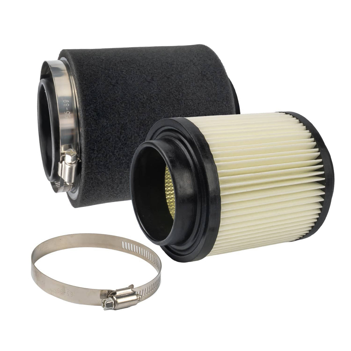 Air filter cartridge with foam sleeve, pleated paper element, and metal clamp ring