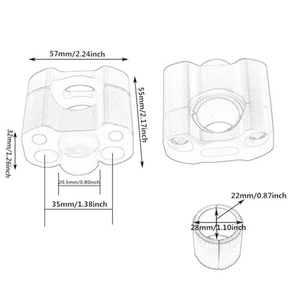 Motorcycle handlebar clamp sizing diagram with 22mm and 28mm outer ring dimensions