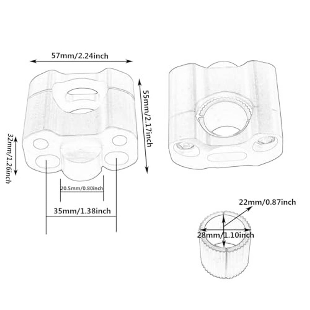 Motorcycle handlebar clamp sizing diagram with 22mm and 28mm outer ring dimensions