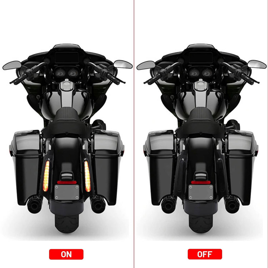 Motorcycle front-to-rear view showing rear fender LED fascia with lights on and off
