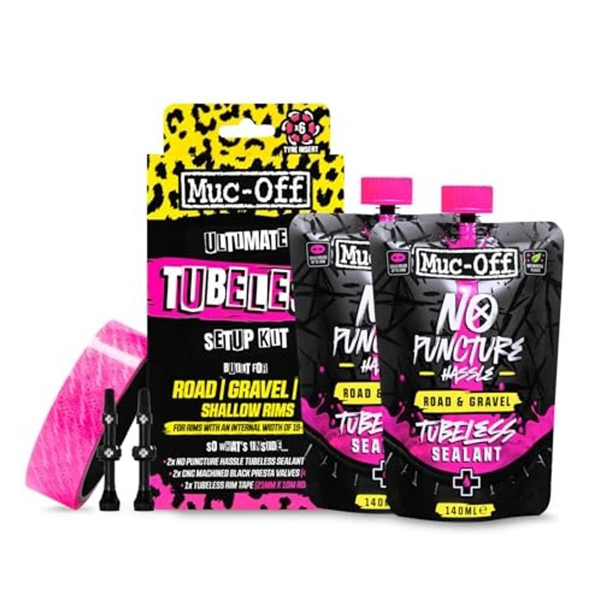 Road and gravel tubeless setup kit set with sealant pouches and rim-tape roll