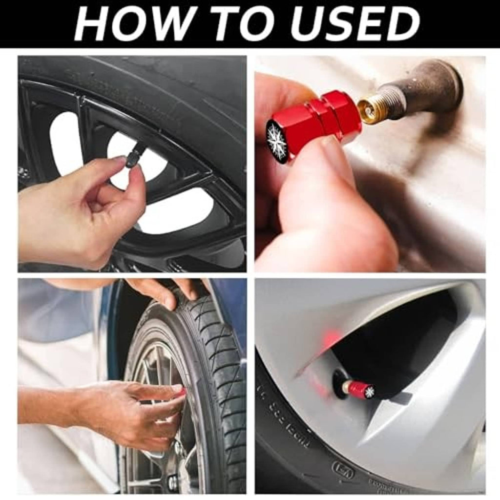 Hands installing red tire valve stem caps on car wheel rims