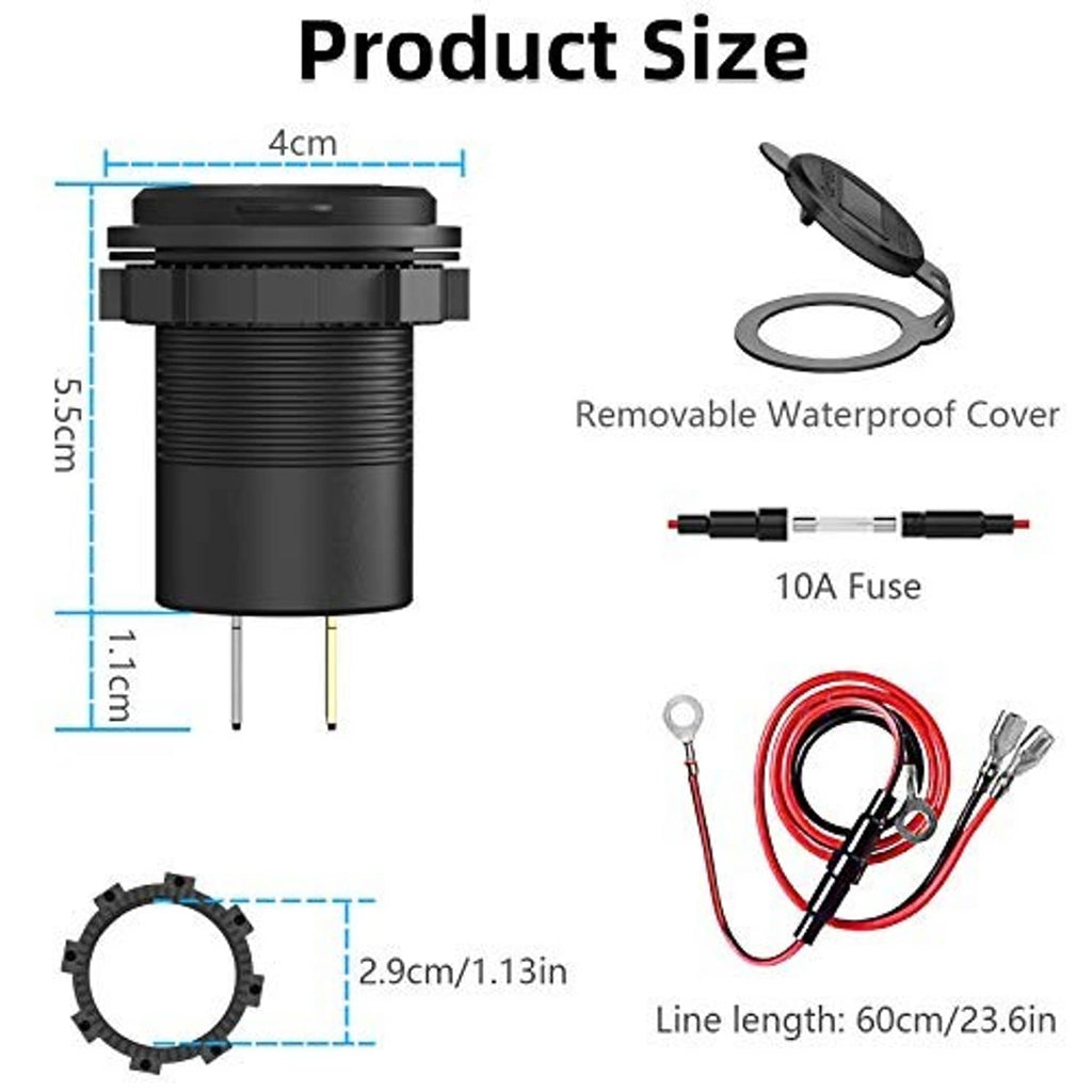 Black car charger socket size diagram with removable waterproof cover and included fuse