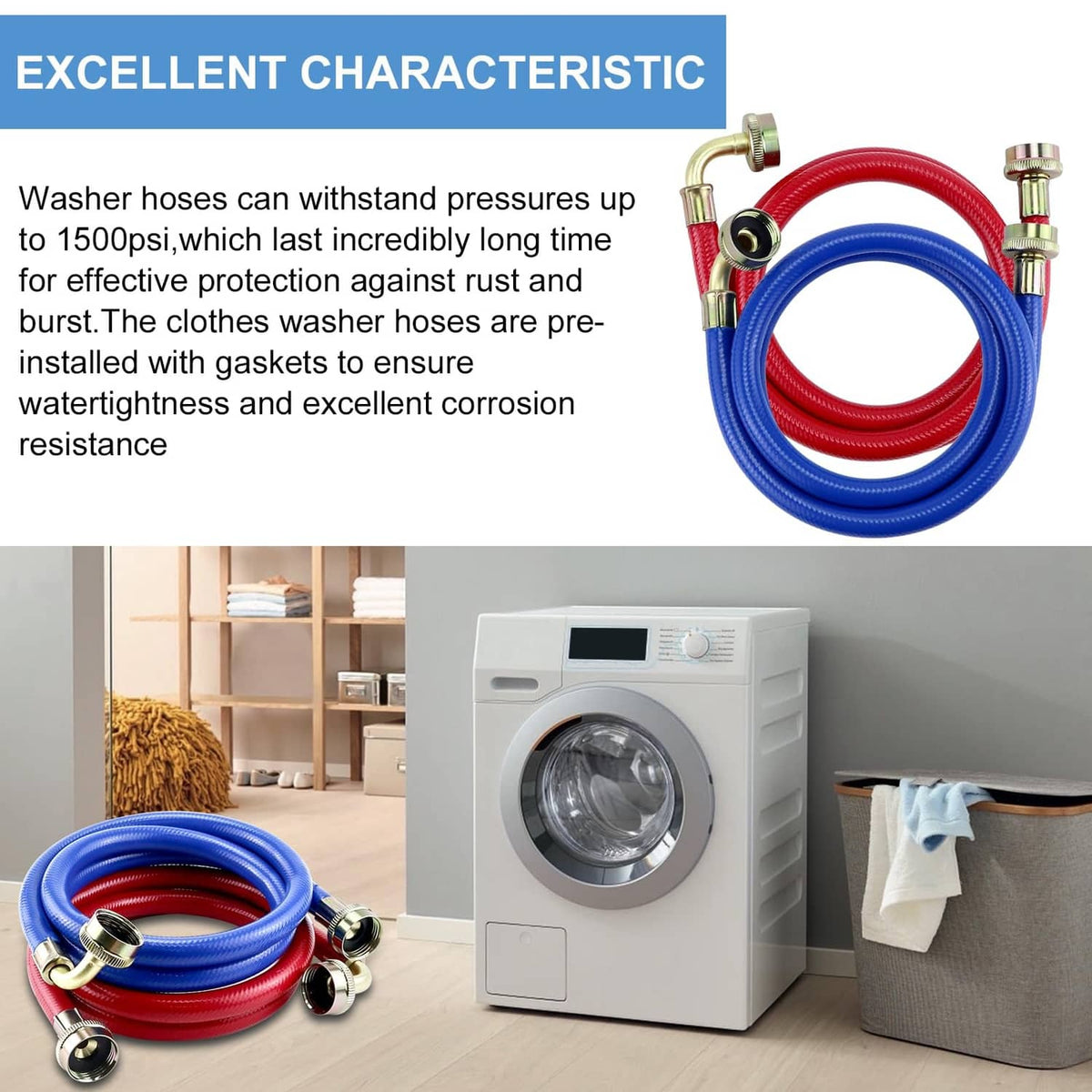 Blue and red rubber washing machine hoses with brass fittings and elbow connectors, 4 ft