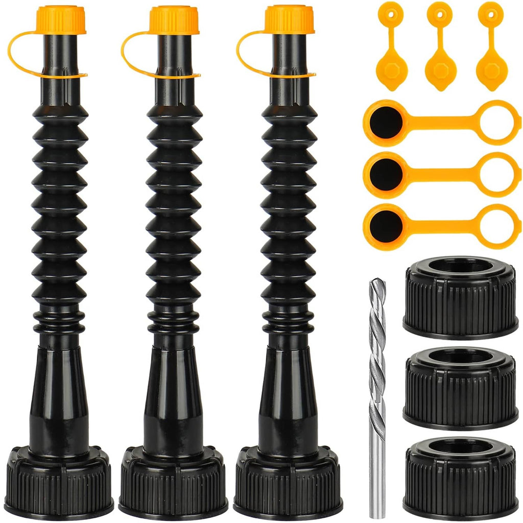 Gas can spout replacement set with three black nozzles and sealing caps