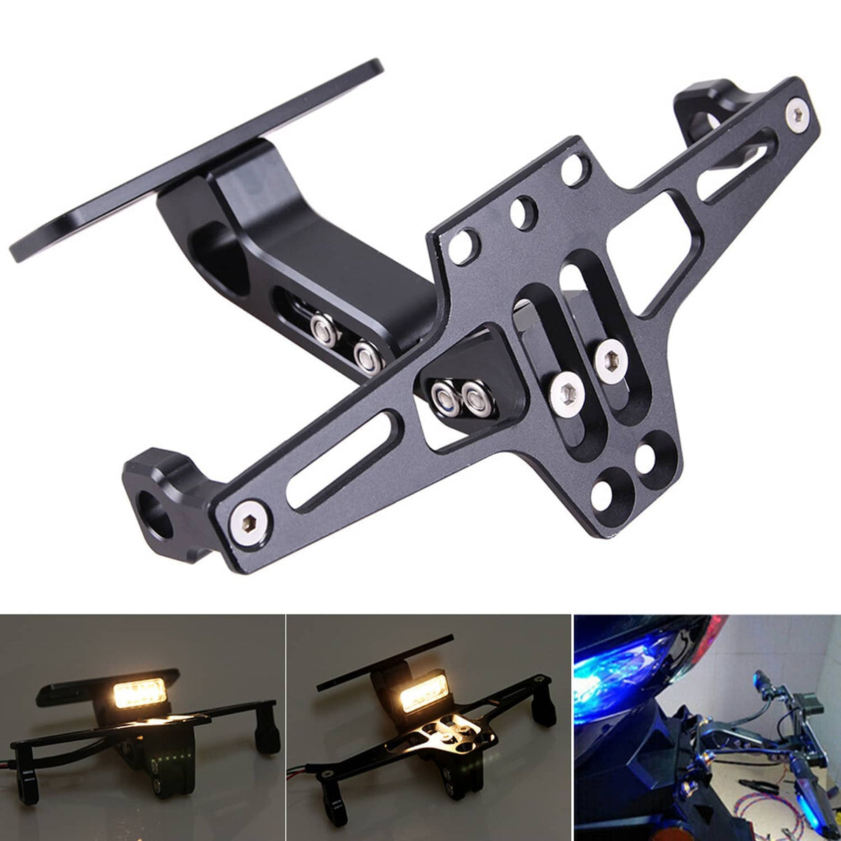Black motorcycle fender eliminator license plate bracket with LED tail light