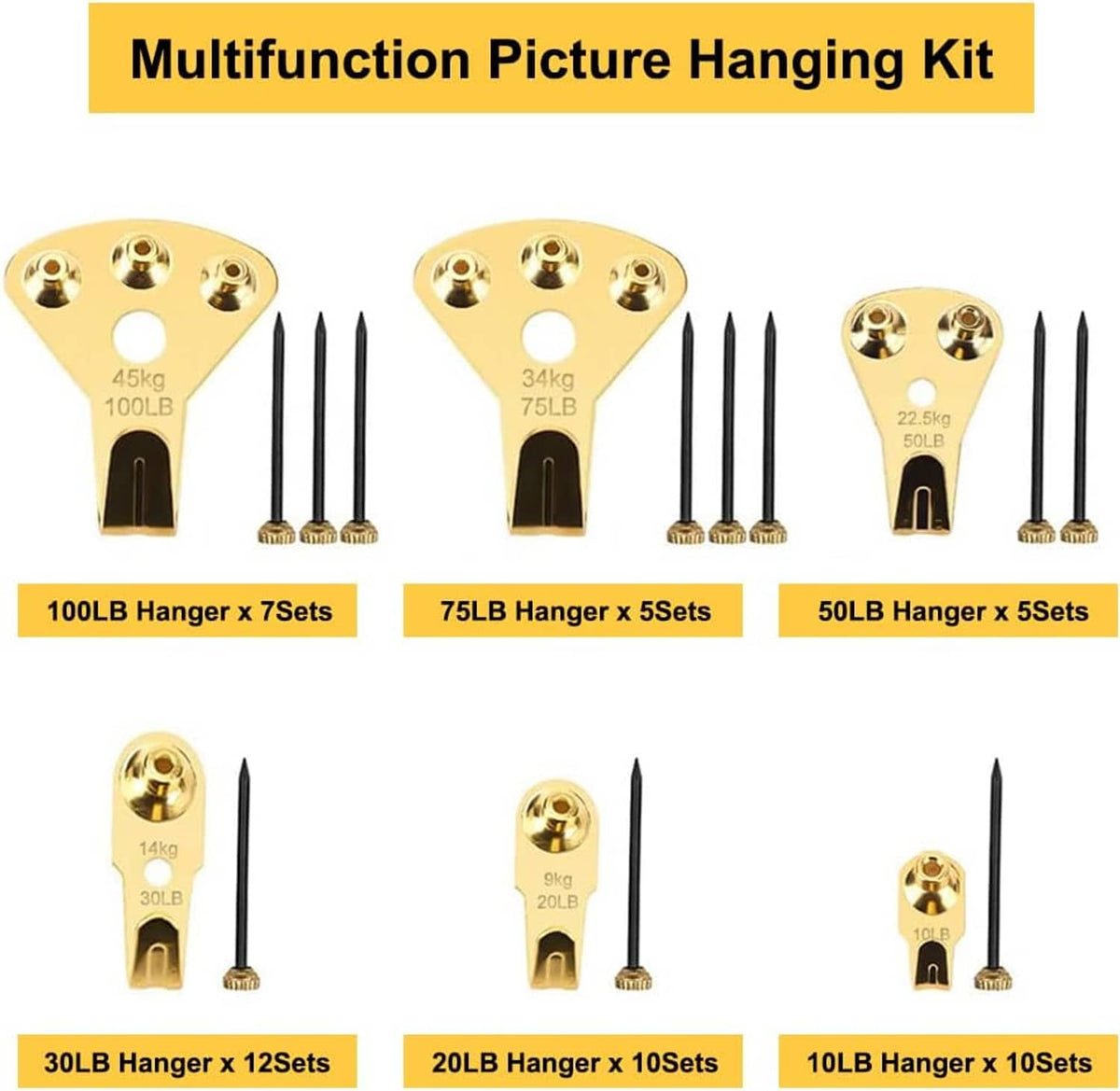 Gold picture-hanging hooks set with black nails, including multiple weight ratings