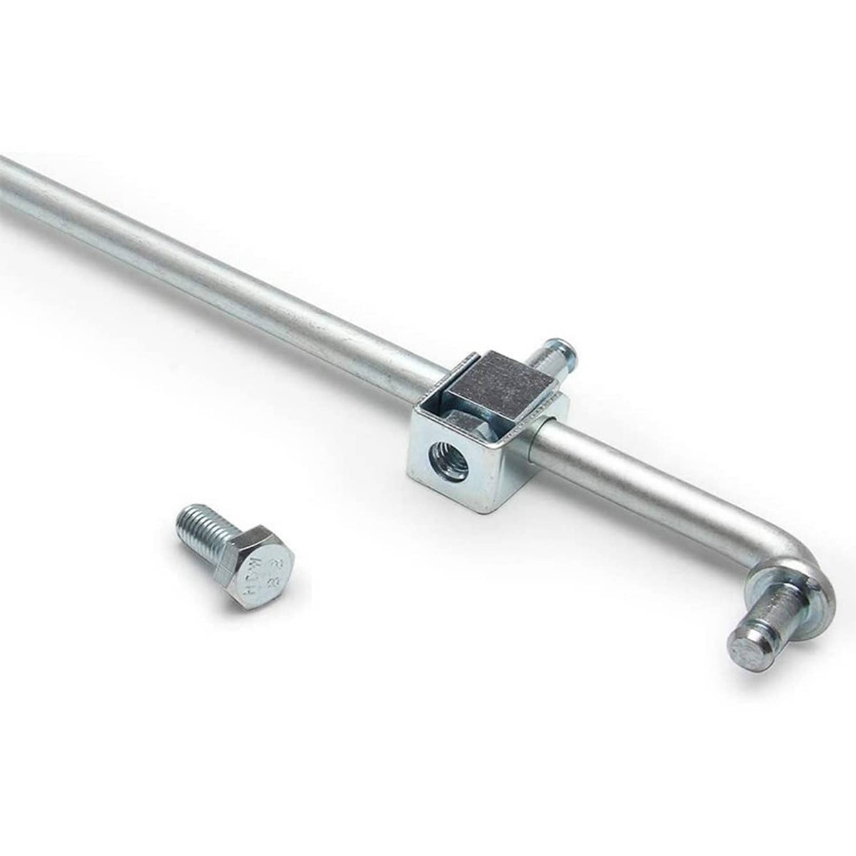 Steel shifter linkage rod with mounting bracket and hex bolt, close-up