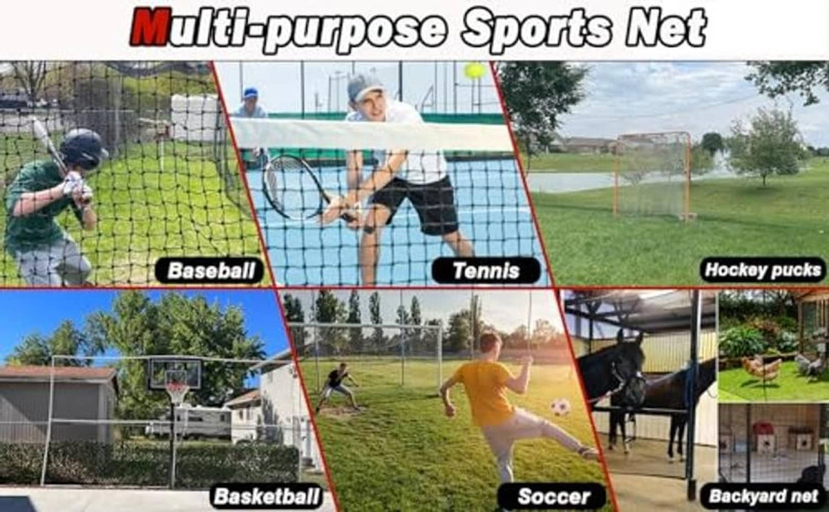 Multi-purpose sports net for backyard play, shown with baseball, tennis, soccer, and basketball