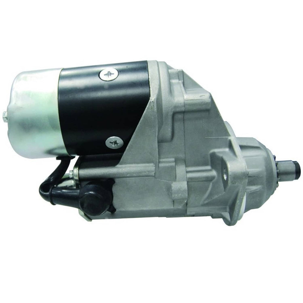 Diesel starter motor close side view with black band and silver gearbox housing details