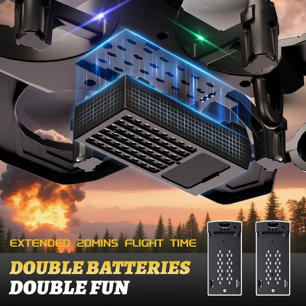 RC remote-control airplane underside with blue LED landing platform and battery slots