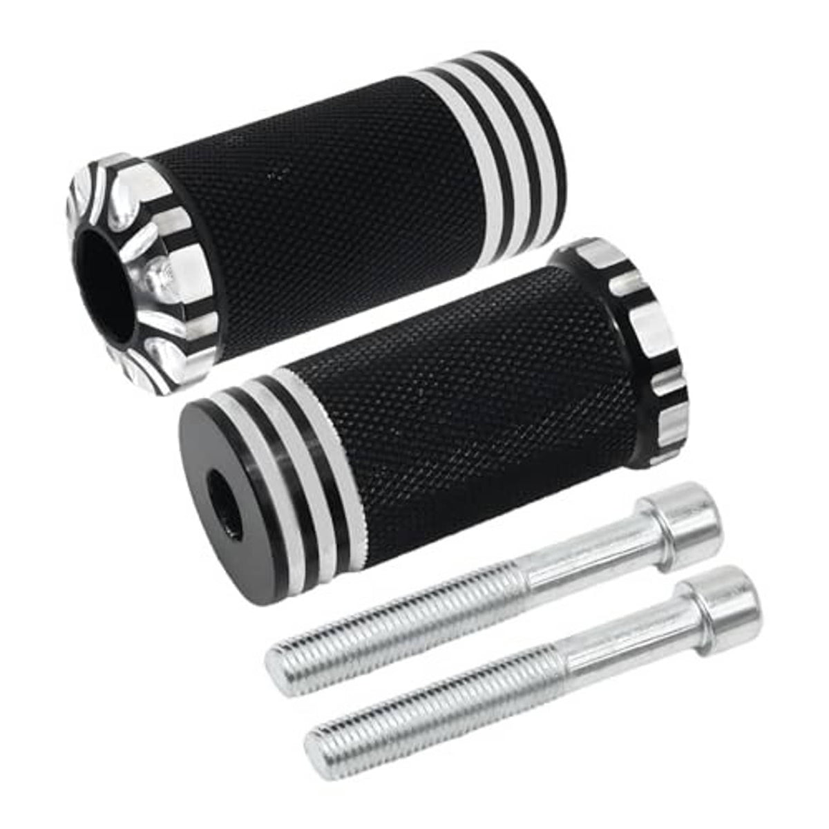 Black textured shifter pegs with silver rings and two mounting bolts, angled view