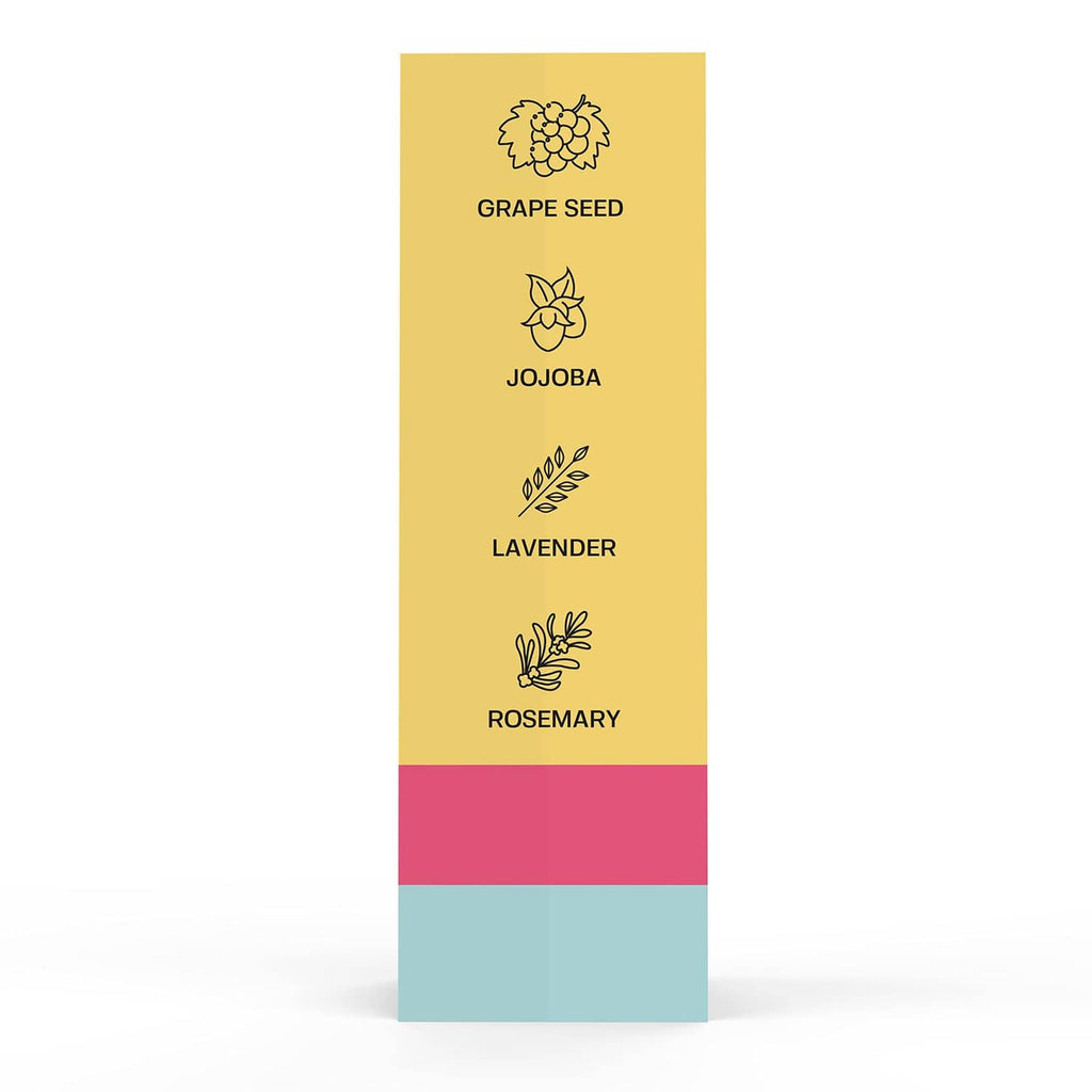 Piercing bump treatment box showing ingredient icons: grape seed, jojoba, lavender, rosemary.