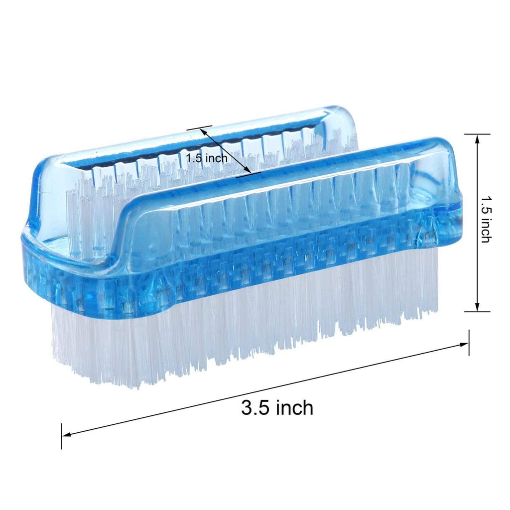 Dual-sided nail cleaning brush with blue frame and white bristles, 3.5 x 1.5 in
