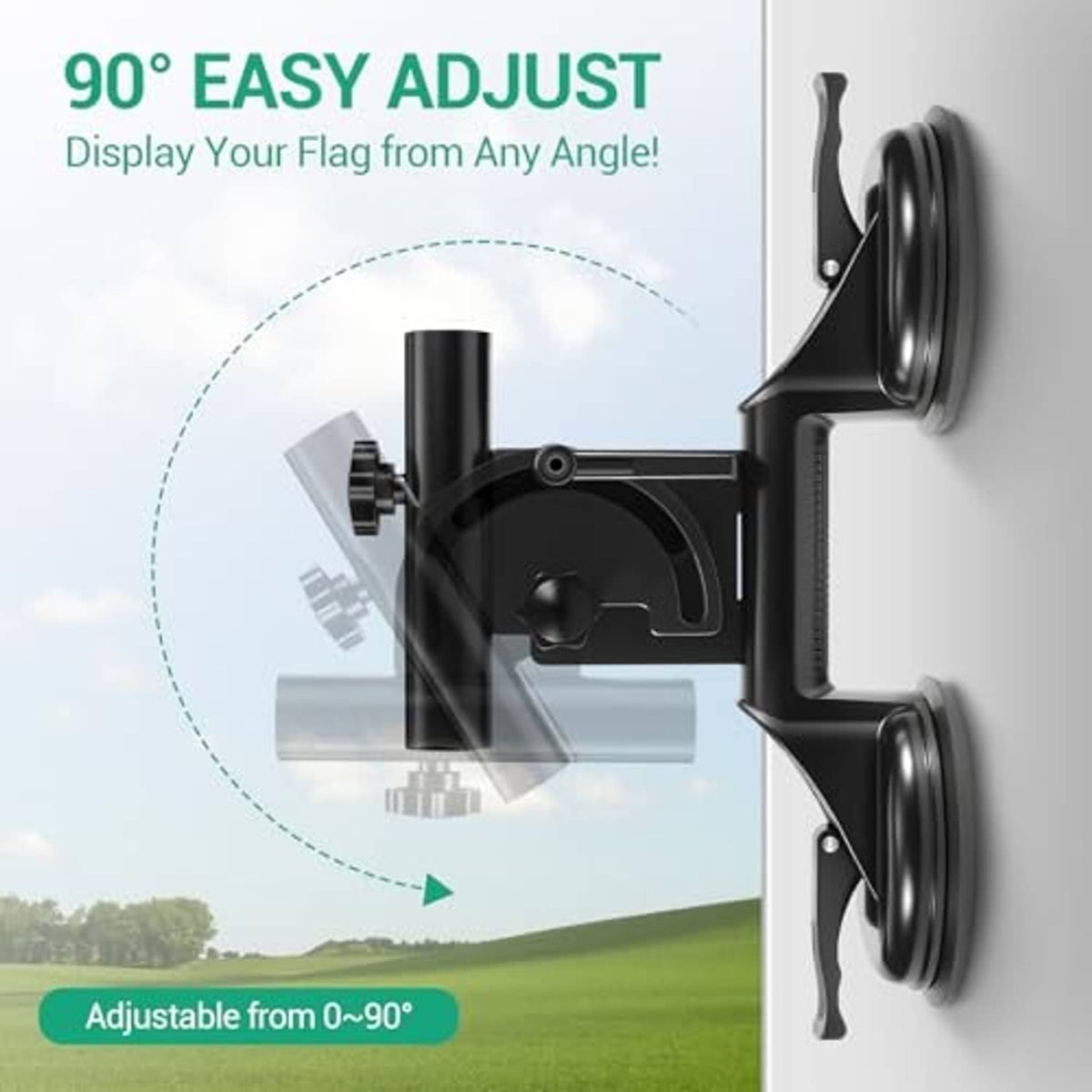 Adjustable RV flag mount bracket with suction cups for easy angle positioning