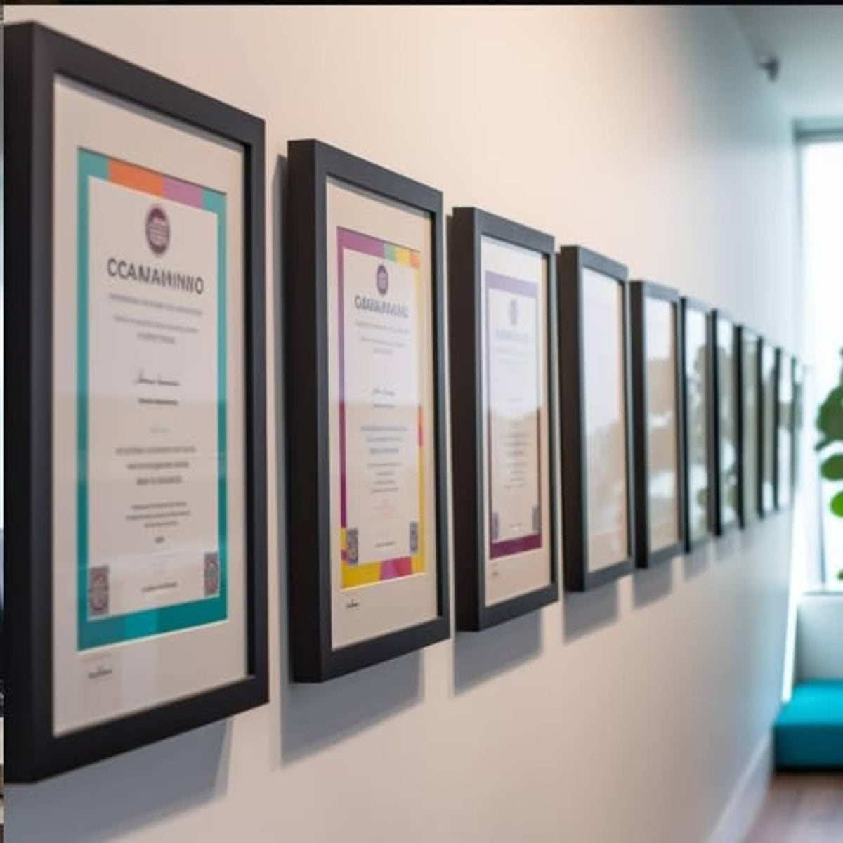 Multiple 8.5x11 framed certificates in dark borders lined up on a hallway wall