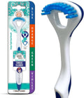 Dual action tongue scraper with soft bristled brush, shown with retail box packaging.